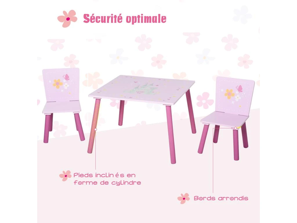 Ensemble Table Et Chaises Enfant Design Princesse Motif Château Bois Pin MDF Rose – Image 6