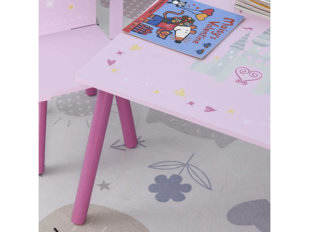 Ensemble Table Et Chaises Enfant Design Princesse Motif Château Bois Pin MDF Rose – Image 9
