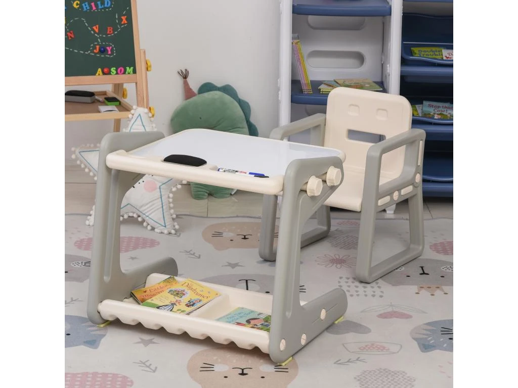 HOMCOM Ensemble Table Et Chaise Pour Enfant - Bureau Enfant Tableau Blanc 2 En 1 - 3 Marqueurs + Brosse Inclus - Rangements - HDPE Gris Beige