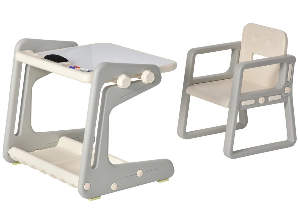 HOMCOM Ensemble Table Et Chaise Pour Enfant - Bureau Enfant Tableau Blanc 2 En 1 - 3 Marqueurs + Brosse Inclus - Rangements - HDPE Gris Beige – Image 2