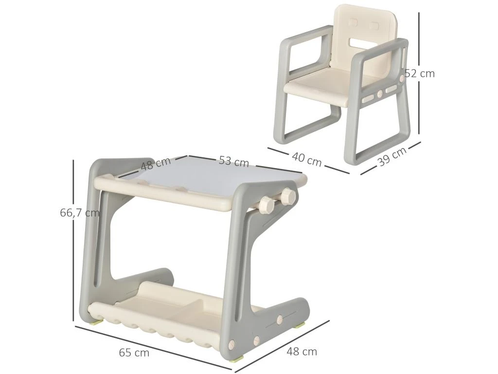 HOMCOM Ensemble Table Et Chaise Pour Enfant - Bureau Enfant Tableau Blanc 2 En 1 - 3 Marqueurs + Brosse Inclus - Rangements - HDPE Gris Beige – Image 3