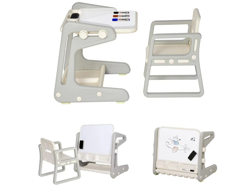 HOMCOM Ensemble Table Et Chaise Pour Enfant - Bureau Enfant Tableau Blanc 2 En 1 - 3 Marqueurs + Brosse Inclus - Rangements - HDPE Gris Beige – Image 6