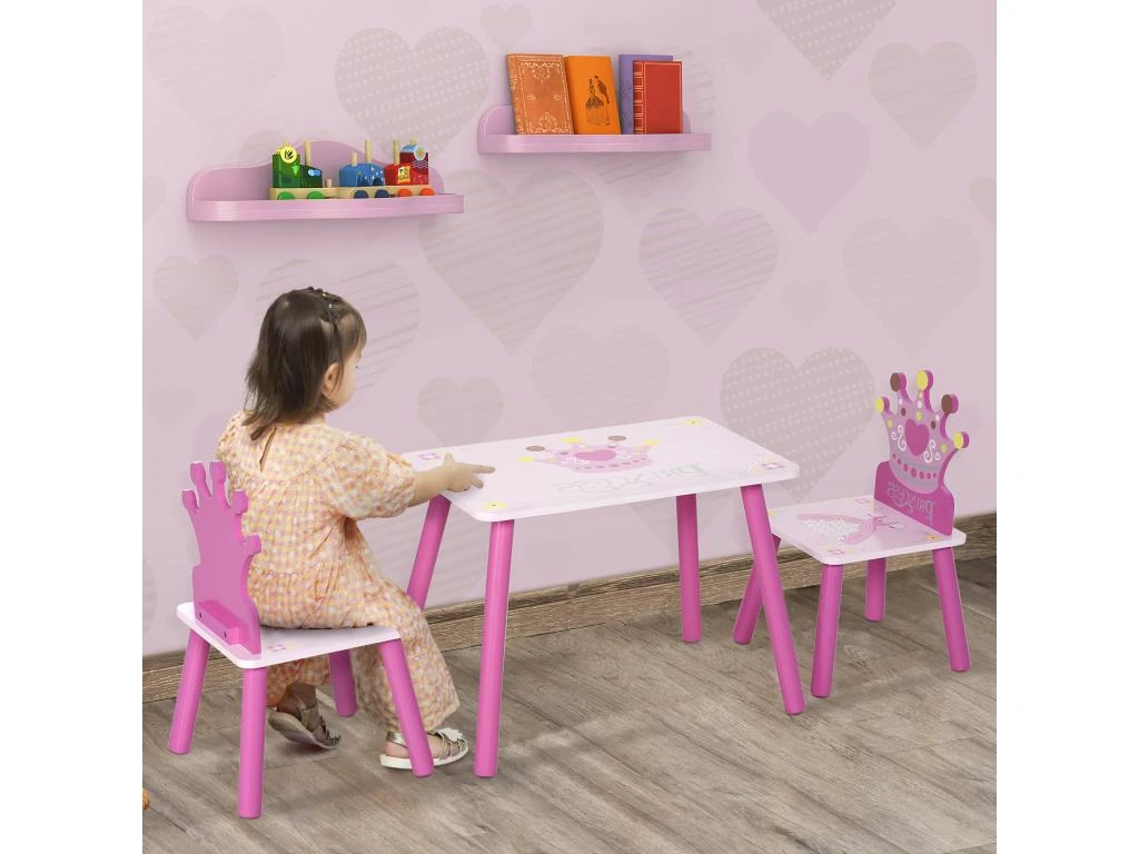 HOMCOM Ensemble Table Et Chaises Enfant Design Princesse Motif Couronne Bois Pin MDF Rose – Image 2