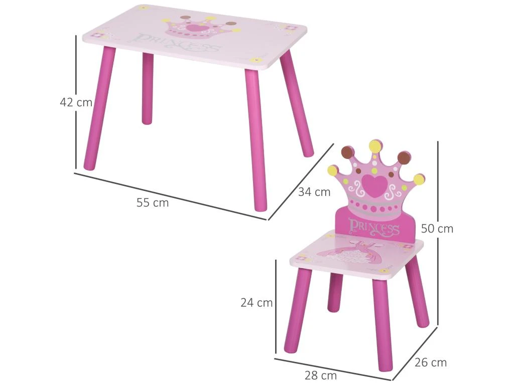 HOMCOM Ensemble Table Et Chaises Enfant Design Princesse Motif Couronne Bois Pin MDF Rose – Image 3
