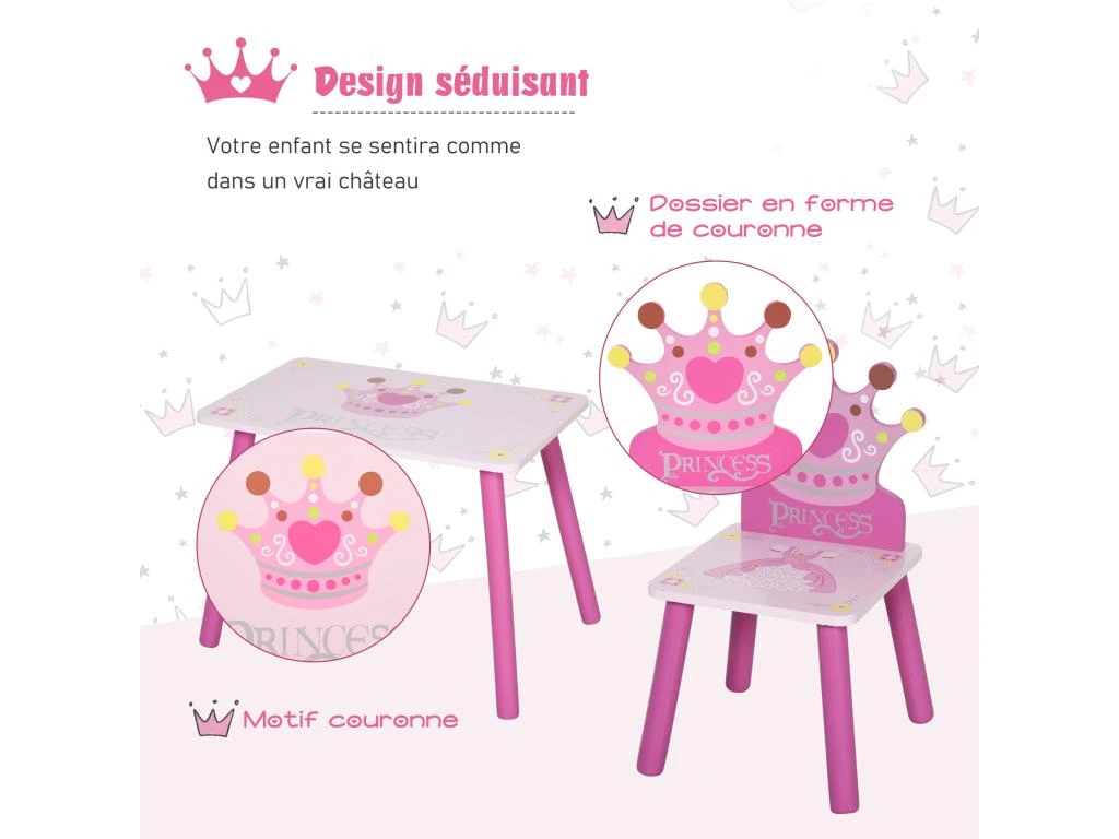 HOMCOM Ensemble Table Et Chaises Enfant Design Princesse Motif Couronne Bois Pin MDF Rose – Image 4