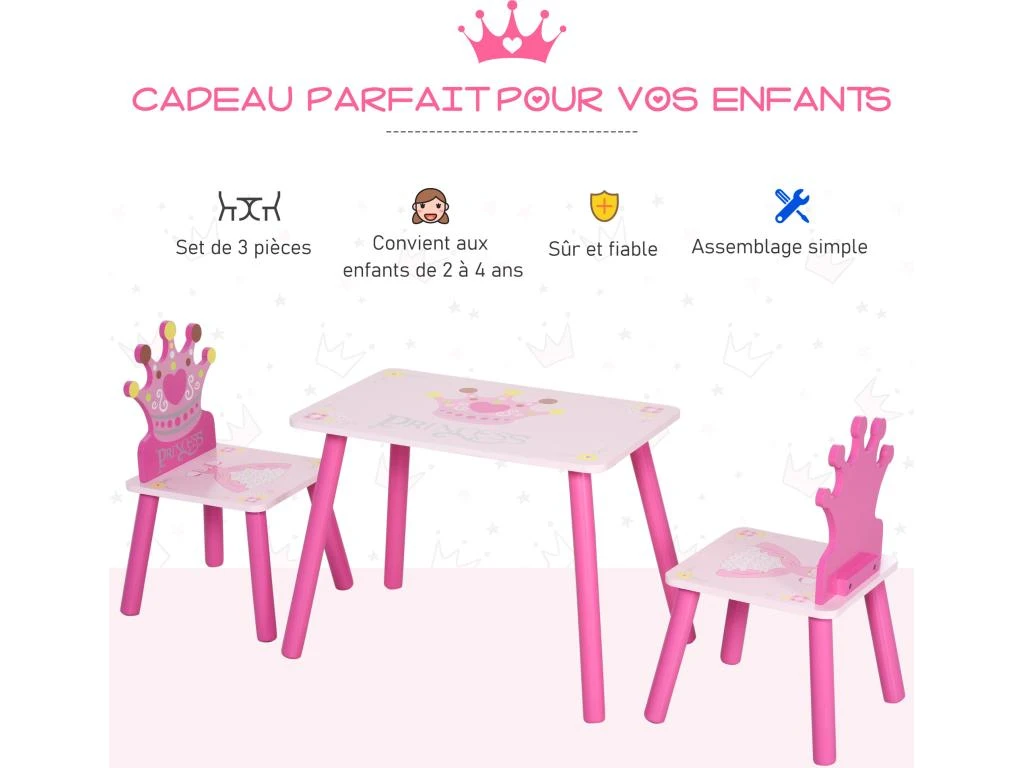 HOMCOM Ensemble Table Et Chaises Enfant Design Princesse Motif Couronne Bois Pin MDF Rose – Image 5