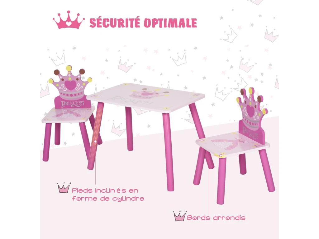HOMCOM Ensemble Table Et Chaises Enfant Design Princesse Motif Couronne Bois Pin MDF Rose – Image 6