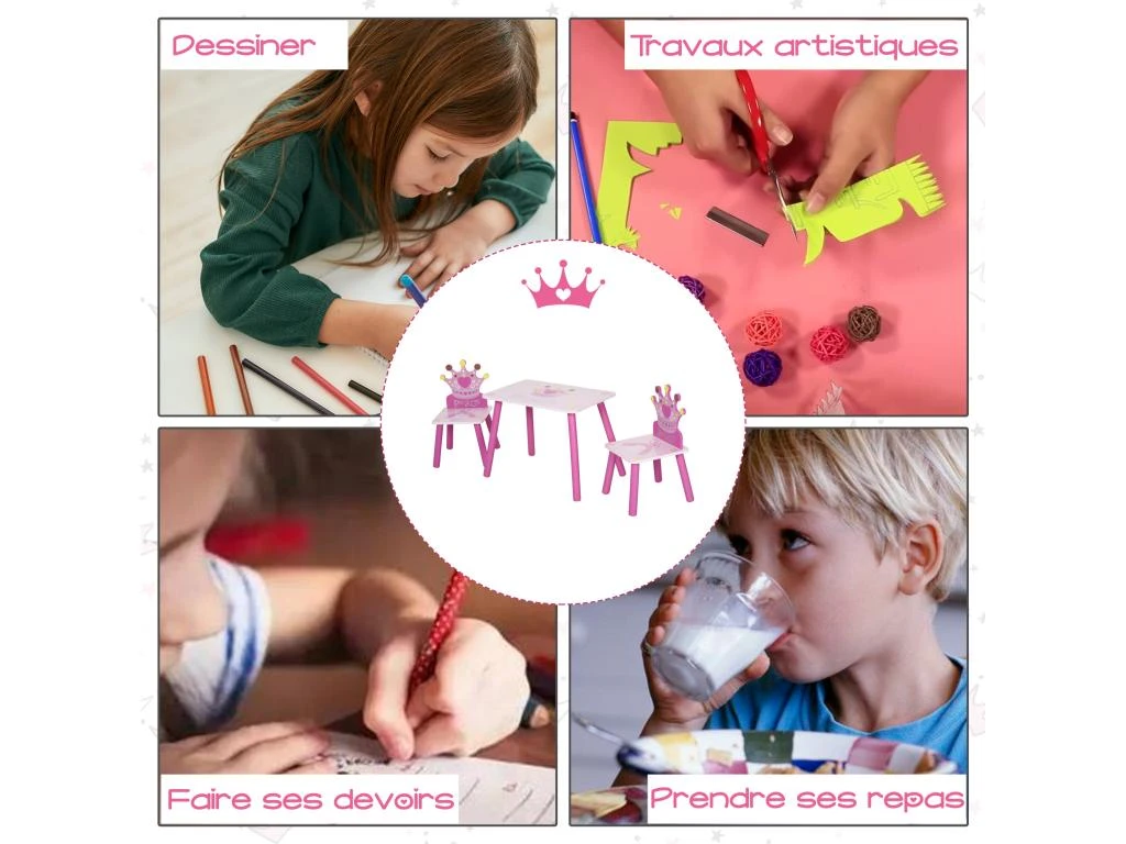HOMCOM Ensemble Table Et Chaises Enfant Design Princesse Motif Couronne Bois Pin MDF Rose – Image 7