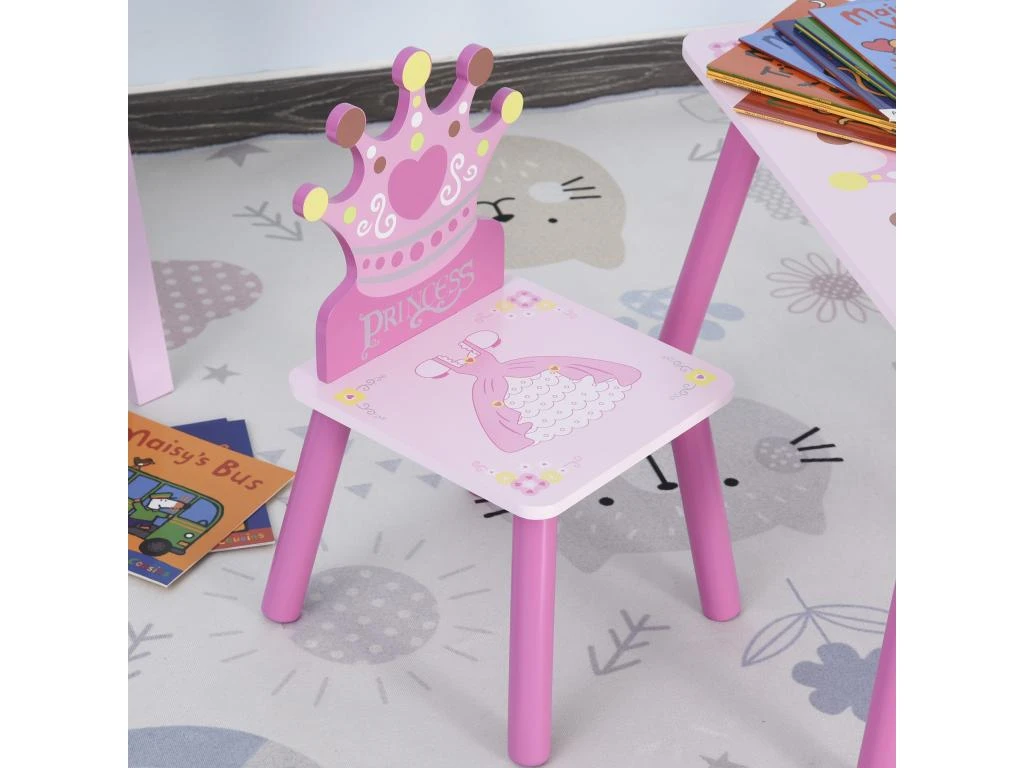HOMCOM Ensemble Table Et Chaises Enfant Design Princesse Motif Couronne Bois Pin MDF Rose – Image 9