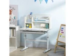 Bureau Enfant Multi-rangement - Bureau Hauteur Réglable, Plateau Inclinable - 3 étagères, 2 Niches, Pot Crayon, Tablette Coulissante à Rangement - Gris Blanc