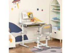 HOMCOM Bureau Enfant Avec Chaise - Ensemble Bureau Et Chaise Réglable - Lampe, Support De Lecture, Tablette Coulissante Multi-rangement - Gris Blanc