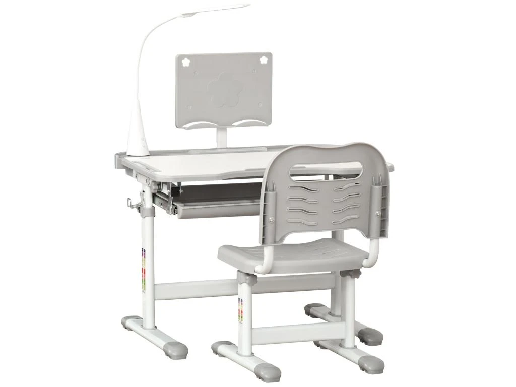 HOMCOM Bureau Enfant Avec Chaise - Ensemble Bureau Et Chaise Réglable - Lampe, Support De Lecture, Tablette Coulissante Multi-rangement - Gris Blanc – Image 4