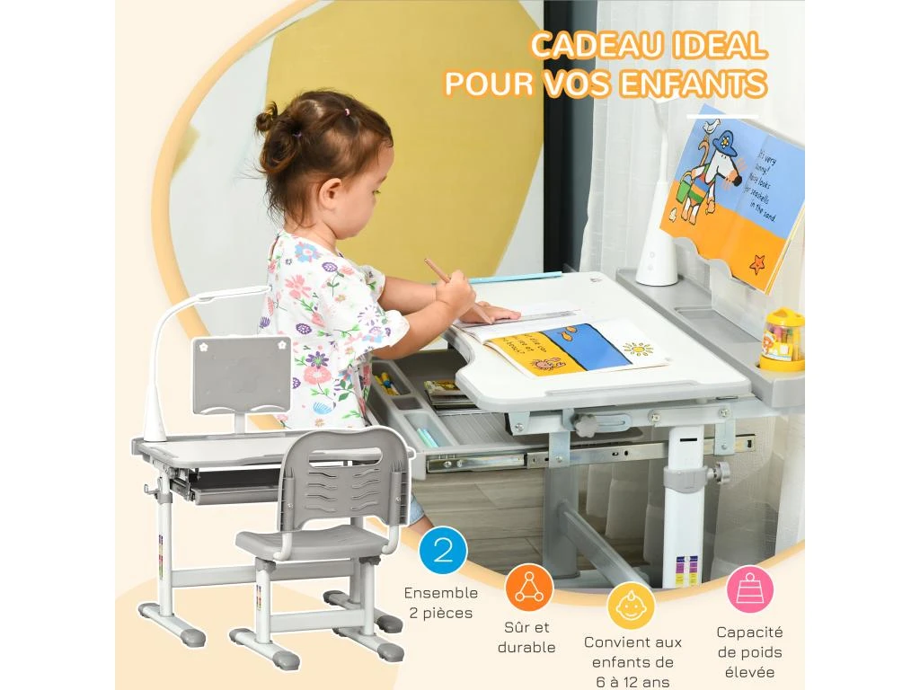 HOMCOM Bureau Enfant Avec Chaise - Ensemble Bureau Et Chaise Réglable - Lampe, Support De Lecture, Tablette Coulissante Multi-rangement - Gris Blanc – Image 5