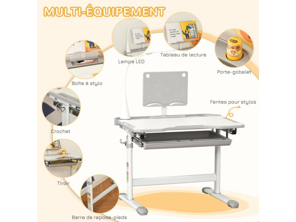 HOMCOM Bureau Enfant Avec Chaise - Ensemble Bureau Et Chaise Réglable - Lampe, Support De Lecture, Tablette Coulissante Multi-rangement - Gris Blanc – Image 6