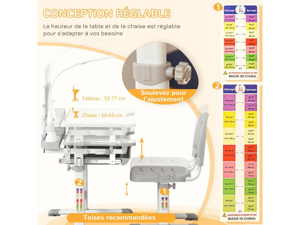 HOMCOM Bureau Enfant Avec Chaise - Ensemble Bureau Et Chaise Réglable - Lampe, Support De Lecture, Tablette Coulissante Multi-rangement - Gris Blanc – Image 7