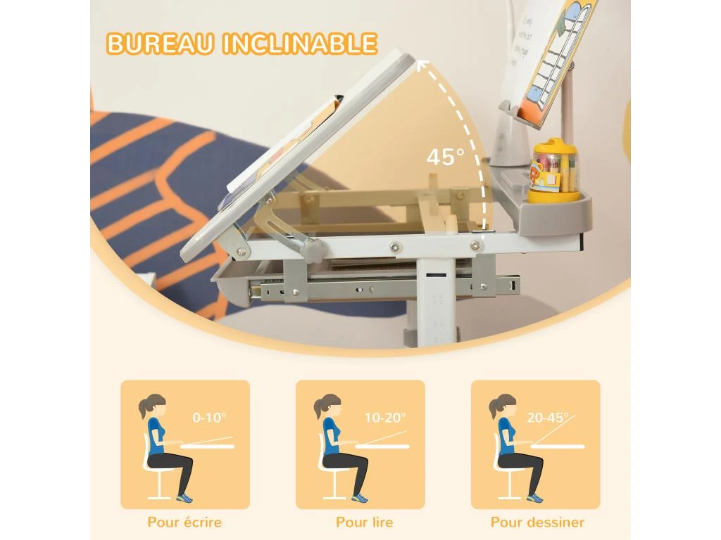 HOMCOM Bureau Enfant Avec Chaise - Ensemble Bureau Et Chaise Réglable - Lampe, Support De Lecture, Tablette Coulissante Multi-rangement - Gris Blanc – Image 8
