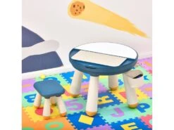 HOMCOM Ensemble Table De Construction Multi-activités Pour Enfant Avec Tabouret Ø 63 X 49H Cm Bleu Et Blanc
