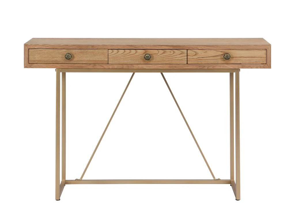 Bureau Console Avec 3 Tiroirs - MDF Et Métal - Naturel Et Doré - DEYAM – Image 4