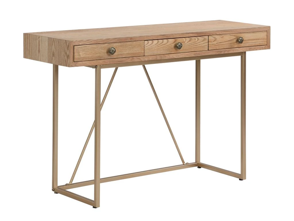 Bureau Console Avec 3 Tiroirs - MDF Et Métal - Naturel Et Doré - DEYAM – Image 3
