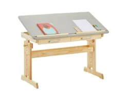 Bureau Enfant écolier Junior OLIVIA Table à Dessin Réglable En Hauteur Et Pupitre Inclinable, 2 Tiroirs En Pin Massif Naturel/gris