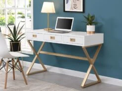 Bureau Avec 3 Tiroirs - MDF Et Métal - Blanc Et Doré - URENGA