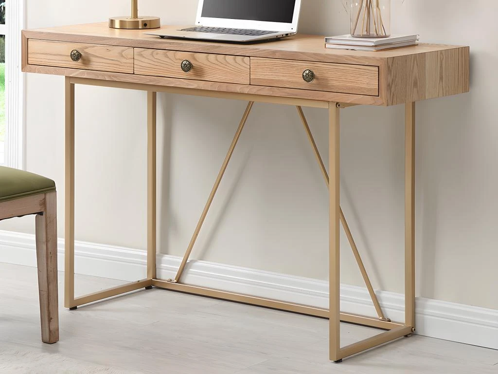 Bureau Console Avec 3 Tiroirs - MDF Et Métal - Naturel Et Doré - DEYAM – Image 2