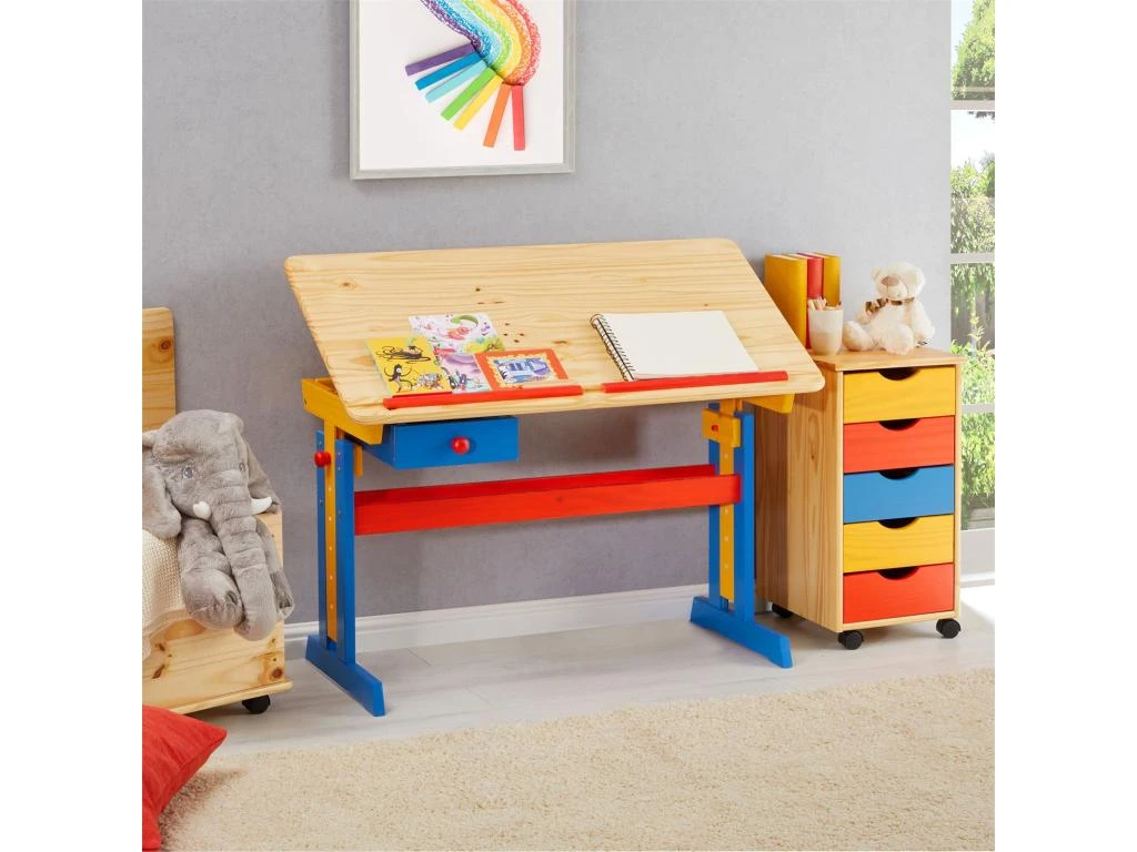 Bureau Enfant écolier Junior FLEXI Table à Dessin Réglable En Hauteur Et Pupitre Inclinable Avec 1 Tiroir En Pin Lasuré Multicolore