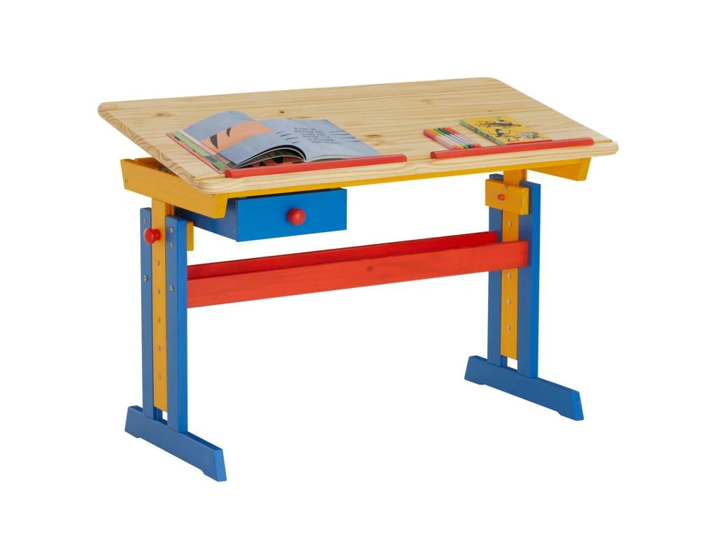 Bureau Enfant écolier Junior FLEXI Table à Dessin Réglable En Hauteur Et Pupitre Inclinable Avec 1 Tiroir En Pin Lasuré Multicolore – Image 2