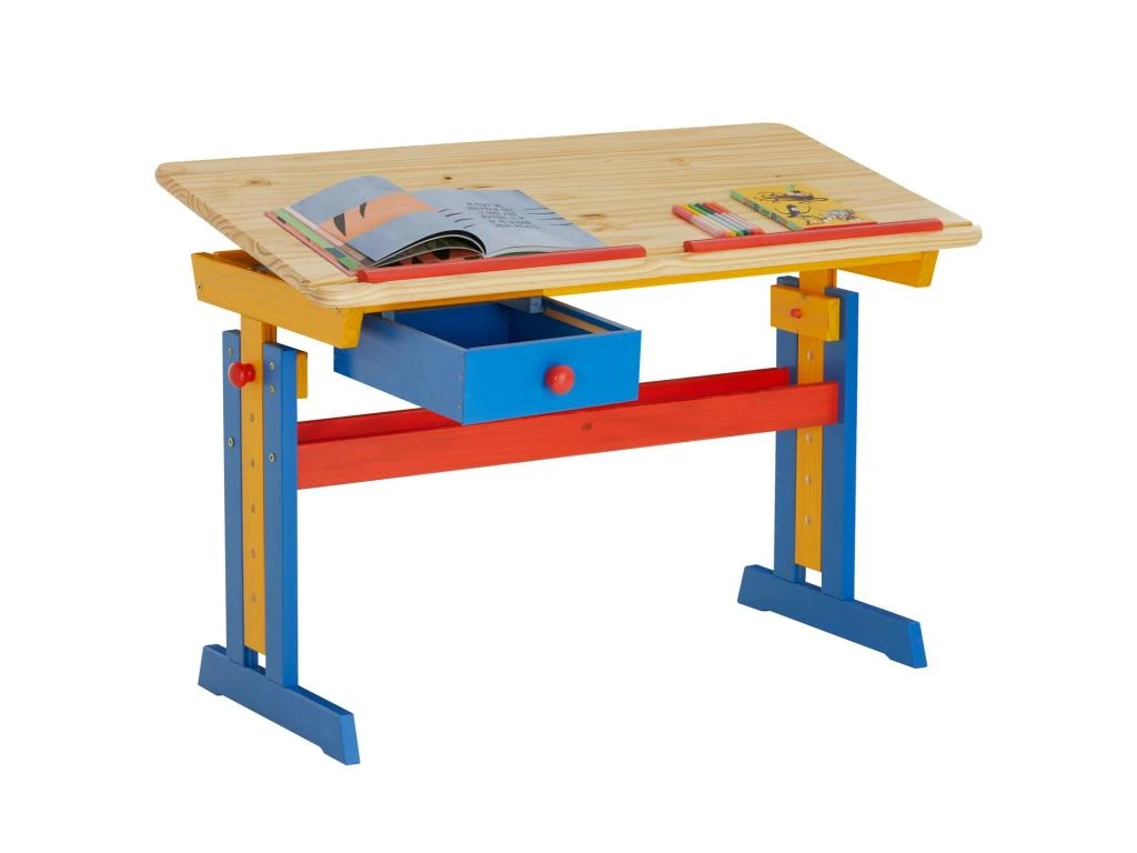 Bureau Enfant écolier Junior FLEXI Table à Dessin Réglable En Hauteur Et Pupitre Inclinable Avec 1 Tiroir En Pin Lasuré Multicolore – Image 4