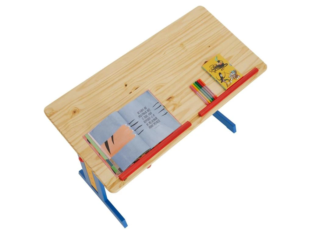 Bureau Enfant écolier Junior FLEXI Table à Dessin Réglable En Hauteur Et Pupitre Inclinable Avec 1 Tiroir En Pin Lasuré Multicolore – Image 5