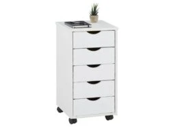 Caisson De Bureau LAGOS Meuble De Rangement Sur Roulettes Avec 5 Tiroirs, En Pin Massif Lasuré Blanc