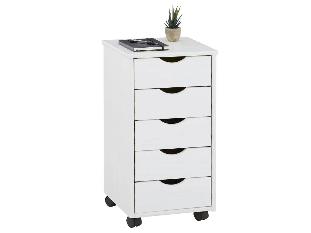 Caisson De Bureau LAGOS Meuble De Rangement Sur Roulettes Avec 5 Tiroirs, En Pin Massif Lasuré Blanc