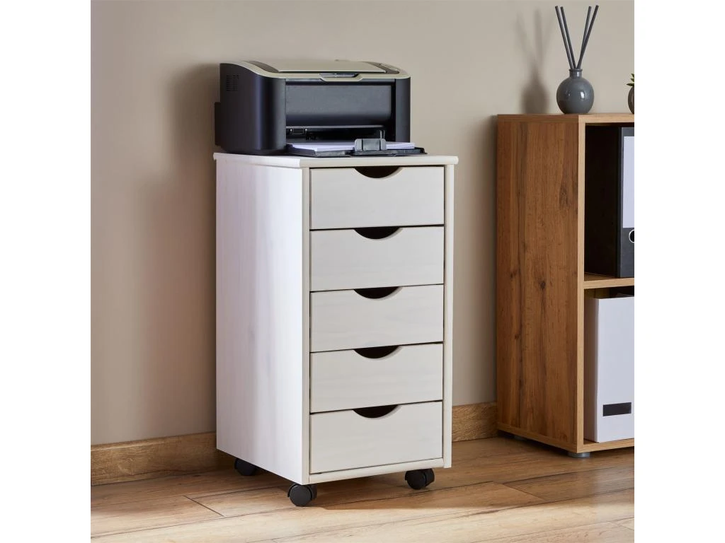 Caisson De Bureau LAGOS Meuble De Rangement Sur Roulettes Avec 5 Tiroirs, En Pin Massif Lasuré Blanc – Image 2