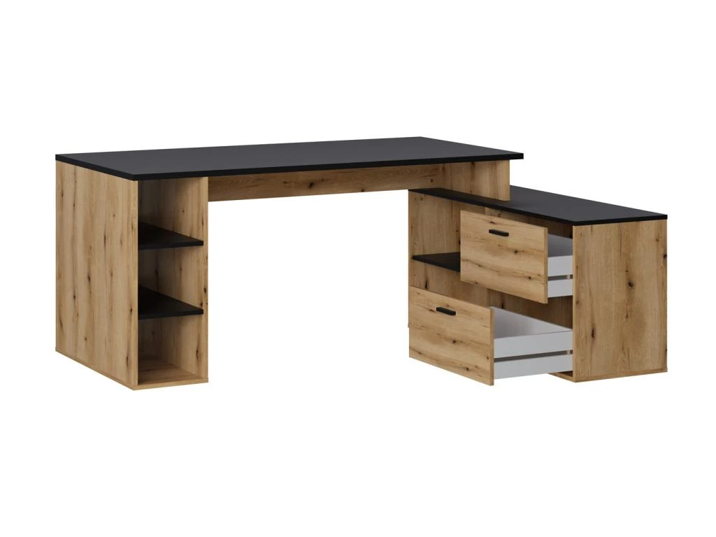 Bureau D'angle En Mélamine Coloris Imitation Chêne Rustique / Noir - Longueur 183 X Profondeur 141 X Hauteur 75 Cm