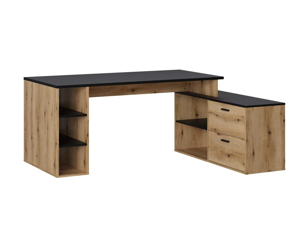 Bureau D'angle En Mélamine Coloris Imitation Chêne Rustique / Noir - Longueur 183 X Profondeur 141 X Hauteur 75 Cm – Image 2