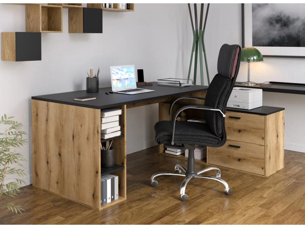 Bureau D'angle En Mélamine Coloris Imitation Chêne Rustique / Noir - Longueur 183 X Profondeur 141 X Hauteur 75 Cm – Image 3