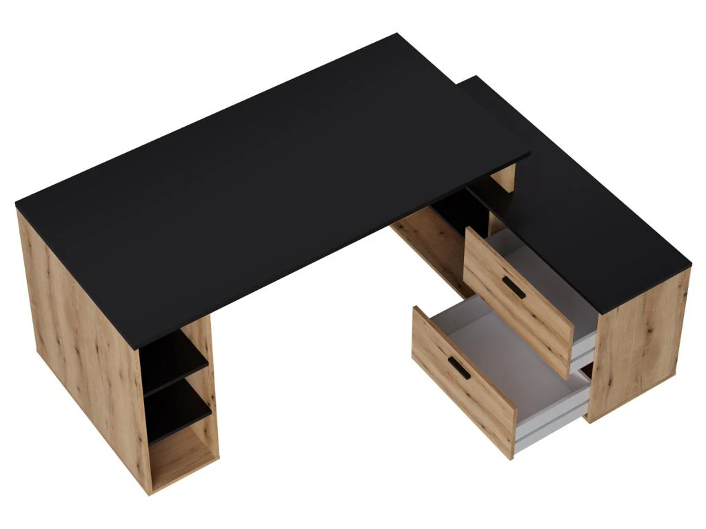 Bureau D'angle En Mélamine Coloris Imitation Chêne Rustique / Noir - Longueur 183 X Profondeur 141 X Hauteur 75 Cm – Image 4