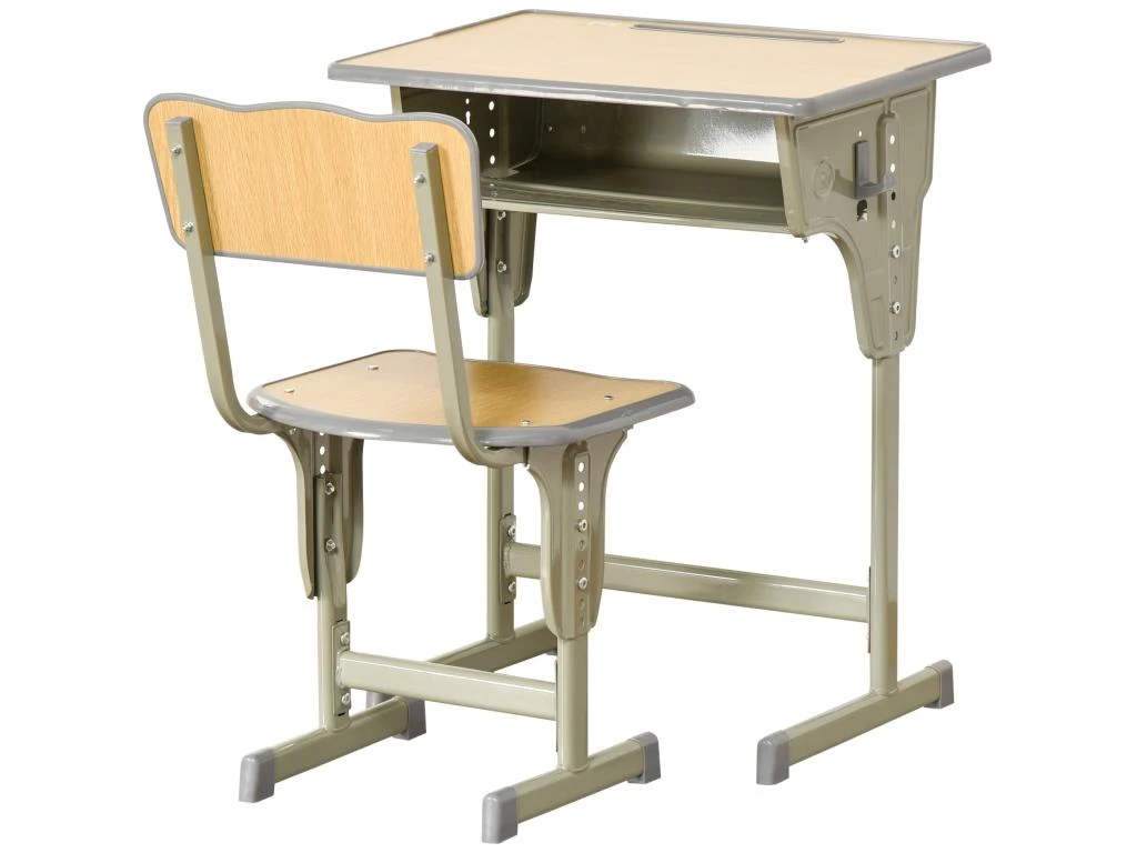 HOMCOM Bureau Enfant Vintage Style Pupitre D'écolier - Ensemble Bureau Et Chaise Réglable - Case De Rangement, Bracket, Range-stylos - Acier Kaki MDF Aspect Bois Clair – Image 2