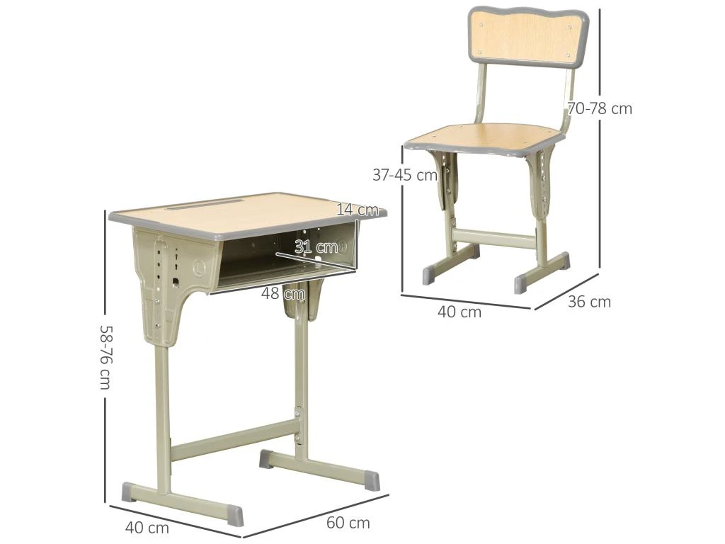 HOMCOM Bureau Enfant Vintage Style Pupitre D'écolier - Ensemble Bureau Et Chaise Réglable - Case De Rangement, Bracket, Range-stylos - Acier Kaki MDF Aspect Bois Clair – Image 3