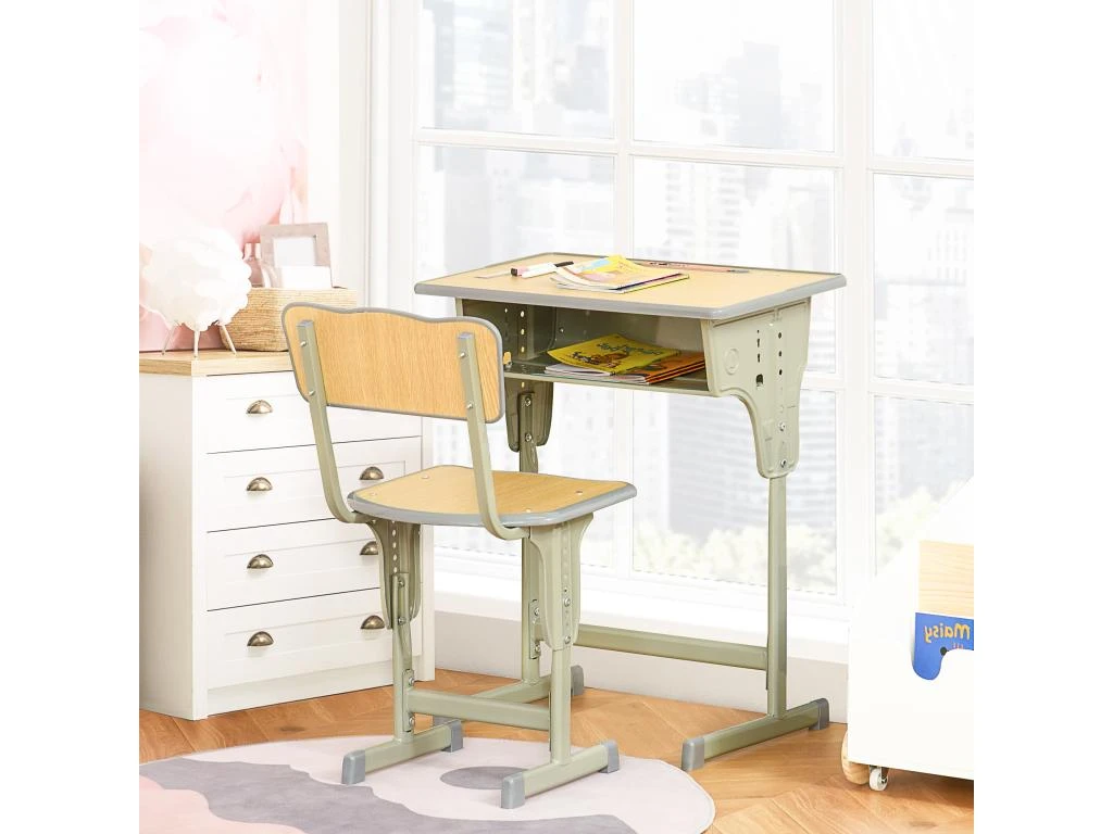 HOMCOM Bureau Enfant Vintage Style Pupitre D'écolier - Ensemble Bureau Et Chaise Réglable - Case De Rangement, Bracket, Range-stylos - Acier Kaki MDF Aspect Bois Clair – Image 4
