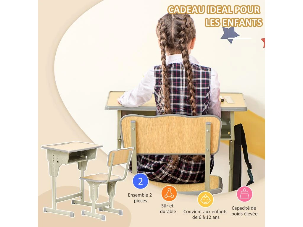 HOMCOM Bureau Enfant Vintage Style Pupitre D'écolier - Ensemble Bureau Et Chaise Réglable - Case De Rangement, Bracket, Range-stylos - Acier Kaki MDF Aspect Bois Clair – Image 9