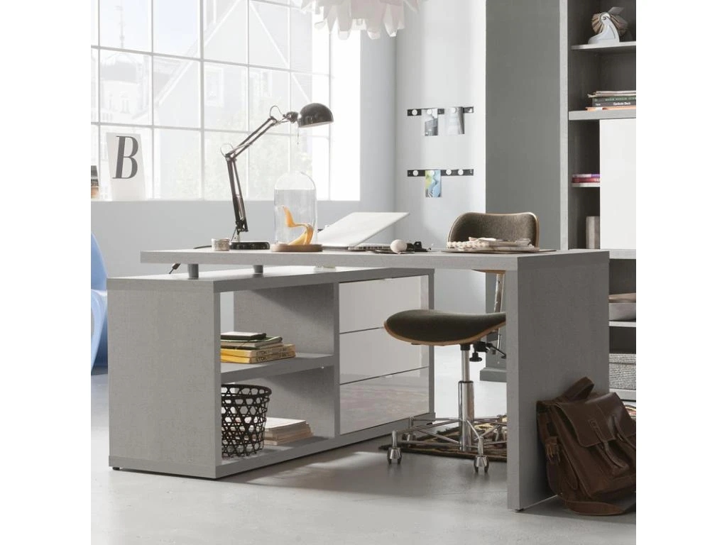 Bureau D'angle Réversible Décor Béton Gris Et Blanc Laqué - GRANIT – Image 2