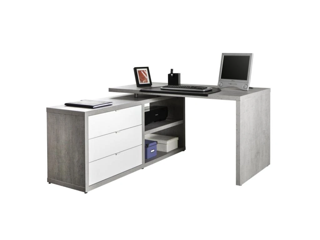 Bureau D'angle Réversible Décor Béton Gris Et Blanc Laqué - GRANIT – Image 4