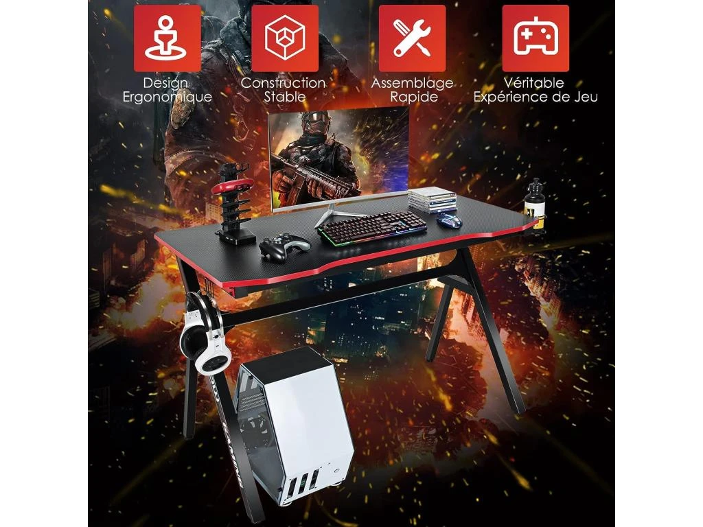 Bureau De Jeu, Gaming Bureau Ergonomique Avec Cadre En Forme De K, Porte-gobelet Et Crochet – Image 3