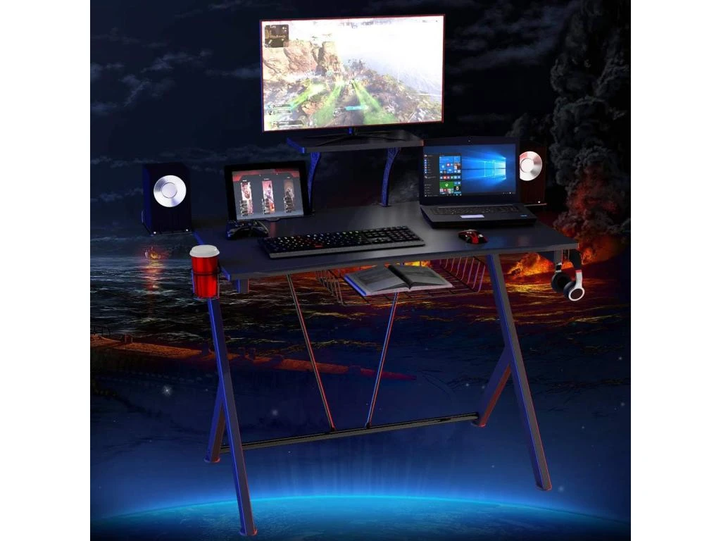 Bureau Gaming Bureau De Jeu Pour Gamer Avec Tablette,Pieds En Y Inversé,1 Porte-gobelet – Image 2