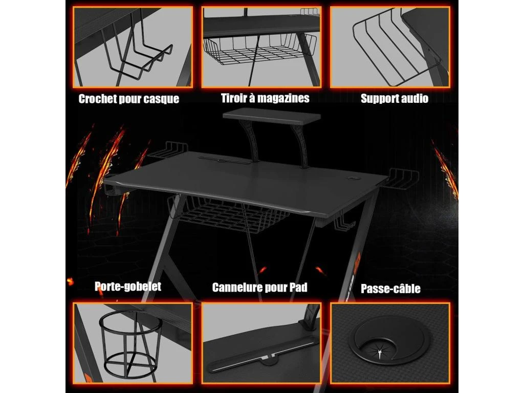 Bureau Gaming Bureau De Jeu Pour Gamer Avec Tablette,Pieds En Y Inversé,1 Porte-gobelet – Image 4