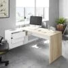 Bureau D'angle 3 Tiroirs + Niche Blanc/Chêne - OFFICIA - L 145 X L 108 X H 73 Cm