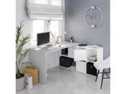 Bureau D'angles 2 Portes + 4 Niches Blanc/Béton - DAPATA PLUS - L 203 X L 66 X H 74 Cm