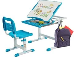Bureau Enfant à Hauteur Réglable Inclinable 0-45°, Ensemble Table Et Chaise Avec Plateau