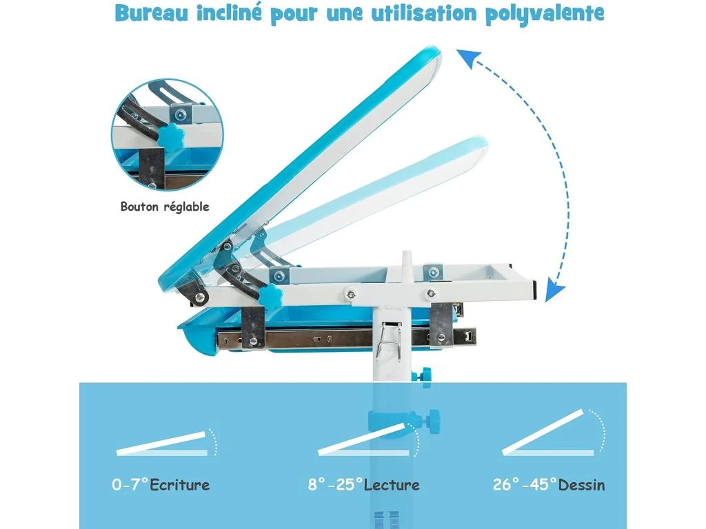 Bureau Enfant à Hauteur Réglable Inclinable 0-45°, Ensemble Table Et Chaise Avec Plateau – Image 3